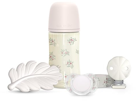 Suavinex, Geschenkset Babykorb Babys +0 Monate und Neugeborene. Schnuller 0/6 SX Pro Sauger + Schnullerkette + Anti-Kolik-Babyflasche SX Pro Sauger Mittlerer Durchfluss (M) 270 ml + Beißring, Rosa
