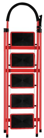 Escabeau en Acier De 5 Marches Tabouret Marche Pied Pliant Echelle avec Pieds Anti Dérapant Max 150Kg-152 x 87 x 39 cm - 5 marches (Rouge)