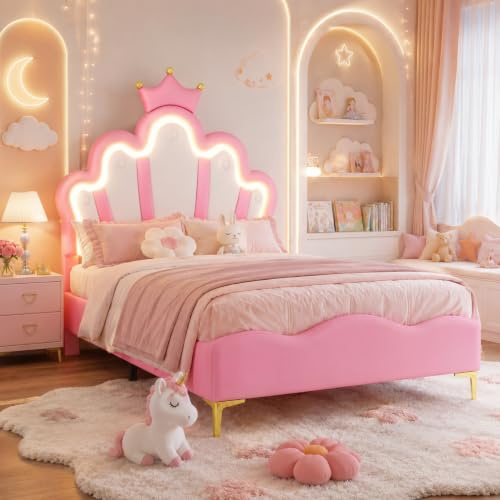Einzelbett 90x200 cm, LED Bett Kinderbett Prinzessinnenbett für Mädchen, Polsterbett Jugendbett mit kronenförmiges Design und verstellbarem Kopfteil für Kinderzimmer, ohne Matratze (Rosa Krone)