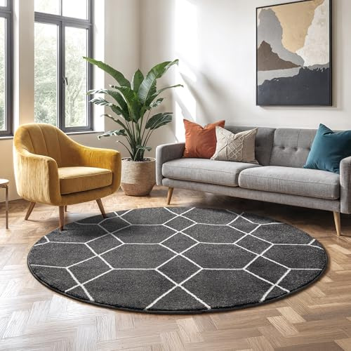 SANAT Wohnzimmerteppich – Pflegeleicht, für jeden Raum geeignet – Öko-Tex zertifizierter Flächenteppich – Trellis Muster, DunkelGrau, 200 cm Rund