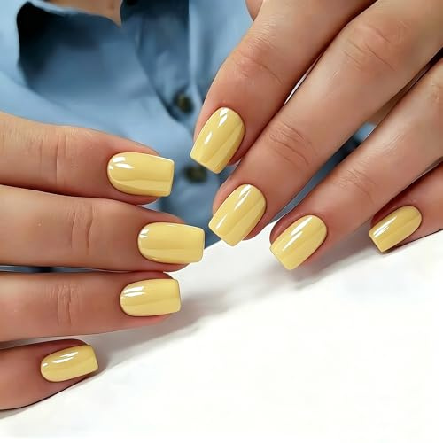 KQueenest Chrome Light Yellow Press on Nails Short Square, Glazed Short False Nails with Sparkle Mirror Design, Shiny Glitter Fake Nails Press ons, Cute Artificial Nail for Fingernail 30 Pcs