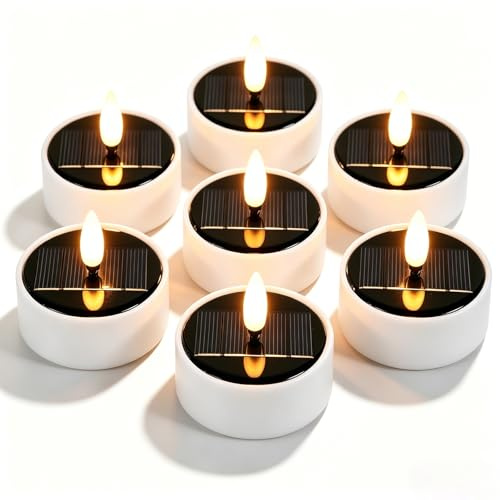 GAOUTO 6 Stück Solar Teelichter: LED Kerzen Flackernd, Teelicht-LED-Kerzen, Outdoor Wasserdicht Solarkerzen, Flammenlose Kerzen, für Garten und Terrassen Dekoration, Weiß