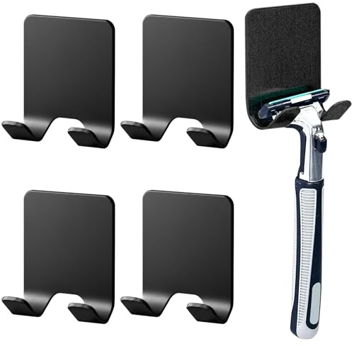 Ebksqs Rasierer Halter Set, 4 Stück - Selbstklebende Haken ohne Bohren, wasserfest für Dusche & Küche, Edelstahl-Optik (Schwarz)