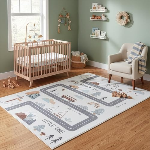 Carpetsale24 Kinderteppich Straße Spielteppich für Kinderzimmer in Creme mit Fahrzeug und Natur Motiv Größe 140x200 cm für großzügige Spielflächen