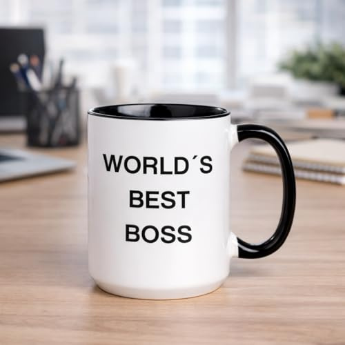Wanapix | Tasse World’s Best Boss | Tasses originales à offrir | Cadeau original et amusant pour le Père Noël secret | Lavable au lave-vaisselle (Noir, 440 ml)