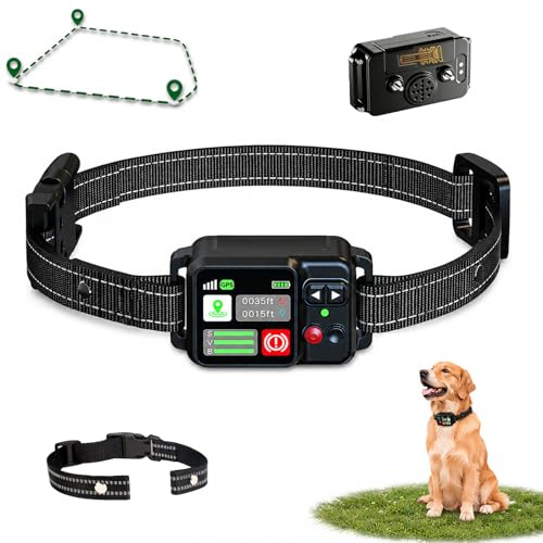 Collier Anti-Fugue GPS pour Chien Noir 1000 mAh Clôture Virtuelle sans Fil IPX7 Rayon 15m à 2000m 3 Modes de Dressage Anti-Fugue Électrique Système Clôture