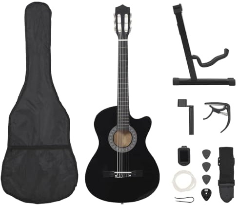 Runheo Lot de 12 guitares western noires de 96,5 cm en tilleul avec 6 cordes, guitare acoustique, guitare de concert, sac, médiator, capodastre, accordeur pour débutants à la maison, voyage, cours