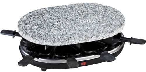 H.Koenig Grill RP85 Raclette 8 Personas, Plancha de Piedra Natural, 900 W, Acero Inoxidable, Negro, 8 Sartenes Antiadherentes