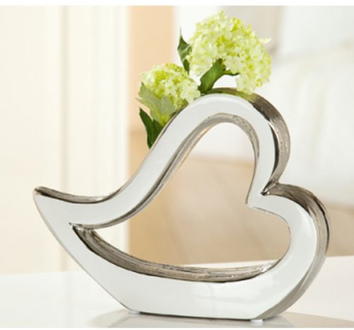 Gilde Keramik Herzvase seitlich liegend Platin/weiss glasiert mit Struktur (33589) NEU