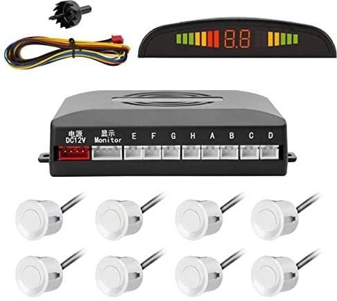 TKOOFN Kit Système d'Auto Radars de Recul Stationnement Numérique, Ecran LED (Blanc Kit de 8 Capteurs)