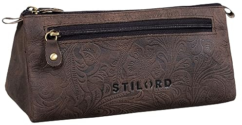 STILORD 'Alexis' Vintage Leder Etui Stiftemappe mit 2 Fächern und Reißverschluss Federtasche Federmäppchen Schlampermäppchen Echtes Leder, Farbe:Canyon - braun