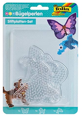 folia 73212 - Bügelperlen Stiftplatten Mix, ANIMAL FRIENDS, 3 Motive sortiert, 3 transparente Steckplatten für Bügelperlen mit einem Durchmesser von 5 mm, Delfin, Hund und Schmetterling