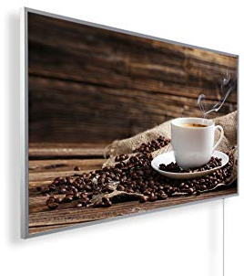 Könighaus Bildheizung 600 Watt - Thermostat - 8-16 m² | Schwarz-Weiß-Bilder, Motiv: 168. Kaffee, TÜV SÜD, 5 Jahre Garantie, doppelter Überhitzungsschutz, Wandheizung