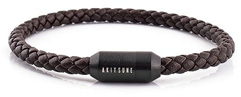 Akitsune Silva Lederarmband Magnetischen Verschluss | 5mm | Armschmuck Damen Herren Edelstahl Schlichtes Armband - Schwarz - Braun 17,5cm