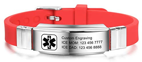 MOWOM Medical Bracciale Personalizzato con Incisione in Silicone Regolabile identificativo Sportivo identificativo per Uomo Donna Bambini Acciaio Inossidabile (Rosso, *Personalizza Ora*)