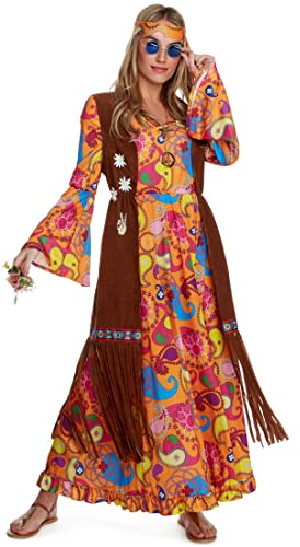 Morph Hippie Kostüm Damen, Hippie Kleid, 70er Jahre Outfit Damen, Schlagermove Outfit, Schlagermove Kostüm, 60er 70er Jahre, Fasching, Karneval - M