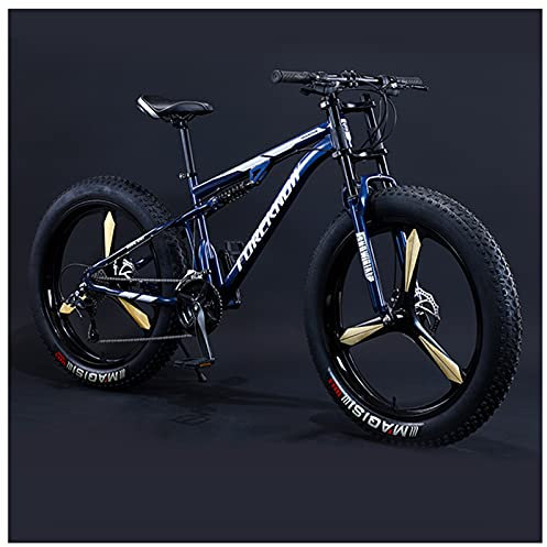 NENGGE Mountainbike Fatbike 26 Zoll Mountainbike, 7/21/24/27/30 Gang-Schaltung Erwachsene Fette Reifen Fahrrad, Rahmen Kohlenstoffstahl, Herren Damen Vollfederung Bike,Blue 3 Spoke,27 Speed