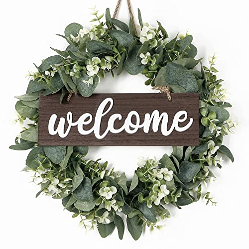 SOMYTING Künstlicher Eukalyptus Kranz 40cm runder Kranz Haustür Türschild Kranz Türkranz mit hölzernen Willkommensschildern Girlande Wandbehang Frühlings Sommer-Kränze für Hochzeit Heimdekoration