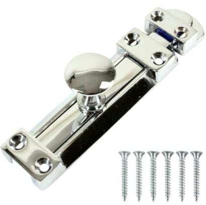 Chrome Door Bolts 4 Inch Flat Bolt Surface Door Latches Tower Bolt Sliding Lock Stainless Steel Flat Slide Safety Door Barrel Bolt with Screws 1 Pack.