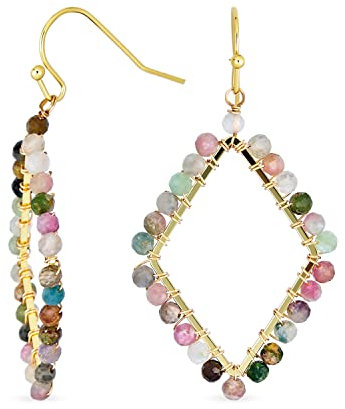 Boho Filo Geometrico Avvolgere Cluster Bead Accento Lineare Allungato Pesce Gancio Multi Colore Fluorite Pietra Preziosa Forma Rombo Leggero Lungo Gemstone Ciondola Orecchini 18K Placcato Oro Giallo