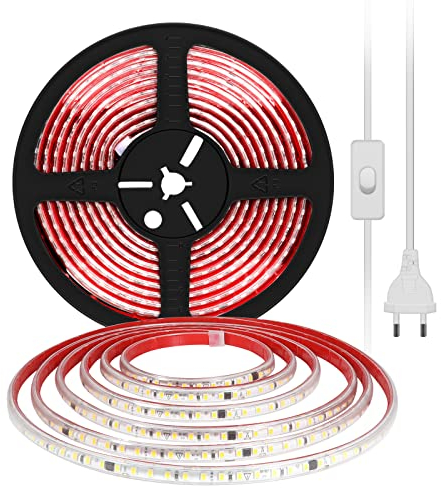 pcning Tira de LED Adhesiva 1M Blanco Frio 220V IP67 Impermeable Strip Light con Interruptor 12 Watt SMD 2835 120 leds/m corte 10 CM (Blanco Frio, 1)