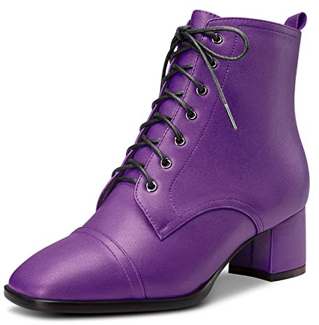 Saekcted Donna Chunky Blocco Basso Gattini Tacco Heel Quadrata Punta Stivaletti Lacci Cerniera Stivali Viola A 43 EU