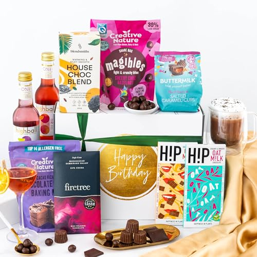 Happy Birthday Hot Chocolate Gift Hamper Basket, Luxury Gourmet Gifts for Women, Men or Couples, Dairy Free, Gluten Free and Vegan Chocolate by EDEN Treats