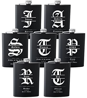 Juego de 7 regalos personalizados para padrinos de boda, petaca grabada de 8 onzas para padrinos de boda y padrinos de boda personalizados (negro)