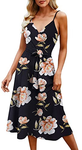 Robe décontractée pour femme - Sans manches - Robe midi élégante - Robe florale pastel - Longueur genou - Robe de plage - Pour femme - Robe d'été - Robe de fête bohème, Rose, L