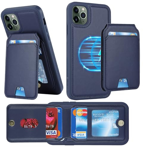 ELTEKER Hülle für iPhone 11 Pro Handyhülle mit Kartenfach Magnet-Kartenetui Kabelloses Laden Kompatibel, Leder Klapphülle Schutzhülle für iPhone 11 Pro - Dunkelblau
