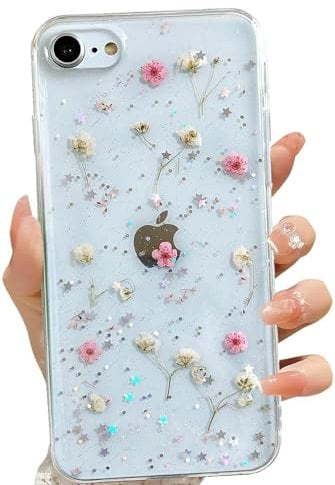 LSEEKA for iPhone SE 2022/ SE 2020/8/7 Clear Case with Pressed Real Flowers Design,Glitter Cute Pink Floral Pattern Slim Soft TPU Protective Women Girl's Phone Cover for iPhone SE 2022/2020/8/7