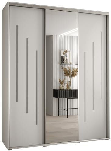 MEBLE KRYSPOL Davos 9 200 Schlafzimmerschrank mit DREI Schiebetüren - Moderner Aufbewahrungsschrank mit Spiegel, Kleiderstange und Regalen - 235,2x200x45 cm - Weiß Weiß Silber