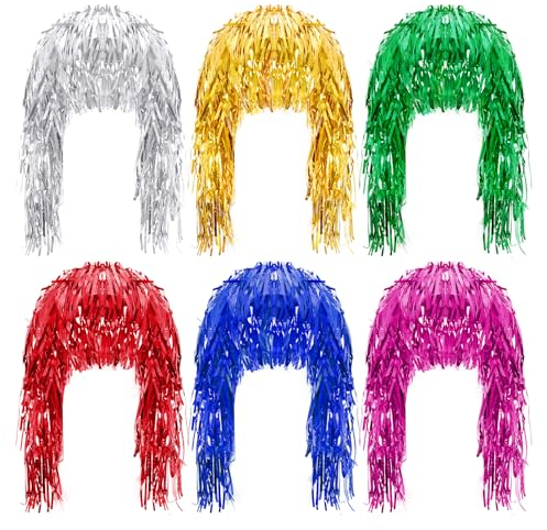 6er Foil Tinsel Perücken Faschingsperücke Partyperücke Kostüm Lametta Perücke Glänzend Party Perücke Cosplay Perücken Damenperücke für Halloween Karneval