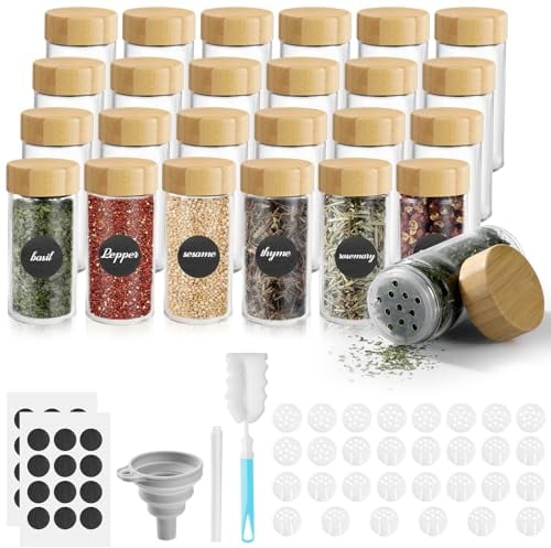 Moreau 24pcs Botes Especias Cristal, 100ml Bote Especias con Tapas de Bambú, Tarros Especias Cristal con Tamiz, Etiquetas, Cepillo, Embudo