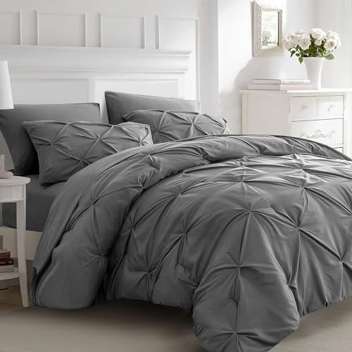 Lanqinglv Pintuck Bettwäsche 220x240 cm Dunkelgrau Luxus Plisseefalten Wendebettwäsche Set aus Mikrofaser,1 Doppelbett Bettbezug mit Reißverschluss und 2 Kissenbezug 80x80cm