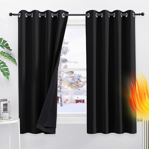 PONY DANCE 100% Blackout Curtains with Liner - Double-Layer Thermal Insulated 52x54 Inch Bedroom Curtains, Energy Saving & Noise Reducing, Black Eyelet Window Drapes (Set of 2 Panels)