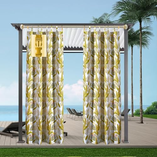 Comlax Outdoorvorhänge - Wasserdicht Tropische Blätter Outdoor Vorhang Balkon Terrasse Vorhängel UV Schutzmittel und Winddicht Vorhang, Balkon sichtschutz Vorhänge 1 Stück, Gold 132x245cm