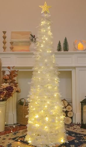 HMASYO Árbol de Navidad desplegable de 5 pies con luces de temporizador, árbol de Navidad de oropel blanco con adornos de copo de nieve, árbol de lápiz artificial plegable, decoración de Navidad para