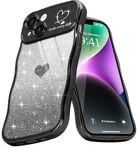 Teageo Cute Heart Pattern Curly Phone Case for iPhone 14, Wave Frame Glitter Case for Girls Women Aesthetic Bling Cover Shockproof Soft TPU Bumper for iPhone 14, Black