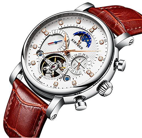 HFWXYSA Leder Automatik Mechanische Armbanduhr Männer Edelstahl Skeleton Automatische Mondphasenuhr Uhren Für Männer Schwungrad Kalender Uhr