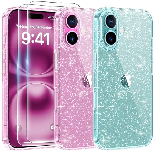 AROYI 3 in 1 Clear Glitter Case Compatible with iPhone 16 Case with 2 Tempered Glass Screen Protector, Soft Bumper Anti-Scratch Sparkle Bling Women Girls Phone Case for iPhone 16