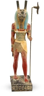 Ägyptische Statue Gottes Set (Seth) und Suetekh war der Gott des Chaos, der Gewalt, Wüsten und Stürme. Er ist der Mörder seines Bruders Osiris, einzigartiger schwarzer Stein, handbemalt, hergestellt
