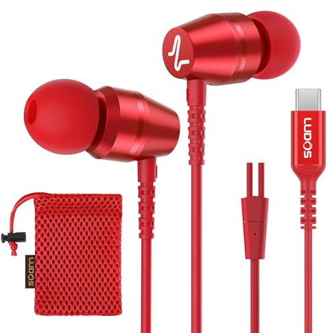 Ludos OMNITONE Auriculares USB C con Micrófono, Garantía de 5 años, Auriculares Tipo C con Cable para iPhone 16 15 Pro MAX Plus Samsung Galaxy S24 S23 S22 Ultra S21 FE S20 A53 A54, iPad Pro - Rojo