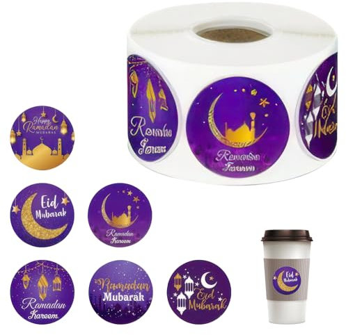 500 Stück Eid Mubarak Sticker,Ramadan Sticker,Aufkleber Dekoration Fensteraufkleber,Geschenkboxen Grußkarten Tortenbild für Diy Geldumschläge,Kalender Stickers Umschläge,Fenstersticker (Lila)