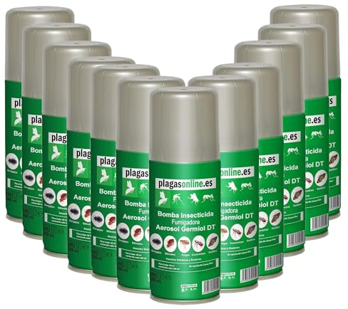PLAGAS ONLINE Bomba Insecticida Fumigadora anti Chinches, Ácaros, Pulgas, Cucarachas, Mosquitos, Hormigas, Polillas… - Uso interiores - Acción Rápida y Duradera - 100ml (12 uds)