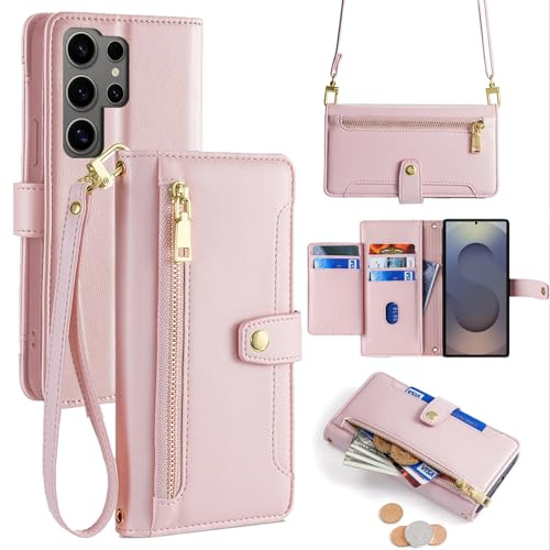 betterfon Handykette kompatibel mit Samsung Galaxy S25 Ultra | Leder Handyhülle mit Kartenfächern | Handyhülle zum Umhängen | Rosa