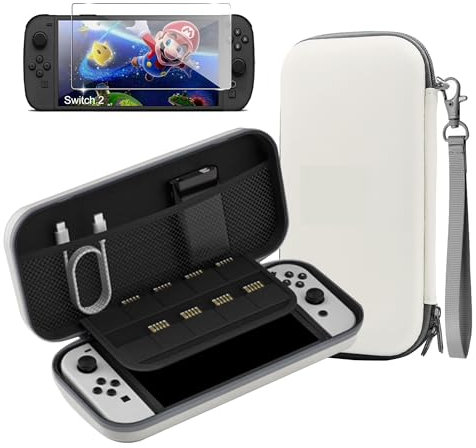 Rojeuinn Tasche für Nintendo Switch 2 Hülle Hart Wasserfest Case +1 Stücks Schutzfolie für Nintendo Switch 2 Panzerglas,Schutzhülle Tragbar Aufbewahrung für Konsole Und Zubehör-Weiß