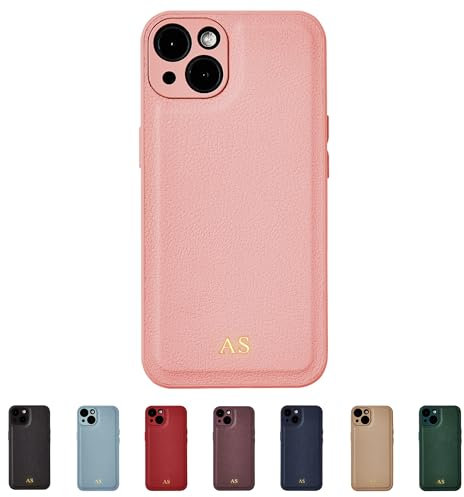 Tirita Personalised Leather Phone Case for iPhone 16 – Leather Pink Case or Cover With Custom Initials – Cute Personalised Gift for Men or Women [03. Pink Gold Embossed Initials]