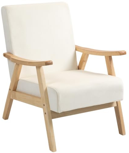 HOMCOM Sessel Nordisch Relaxsessel mit Armlehne Sitzkissen Cremeweiß | Wohnzimmer, Gepolstert Loungesessel mit Holzrahmen, Armlehnensessel mit Samt-Optik, Polstersessel für Schlafzimmer