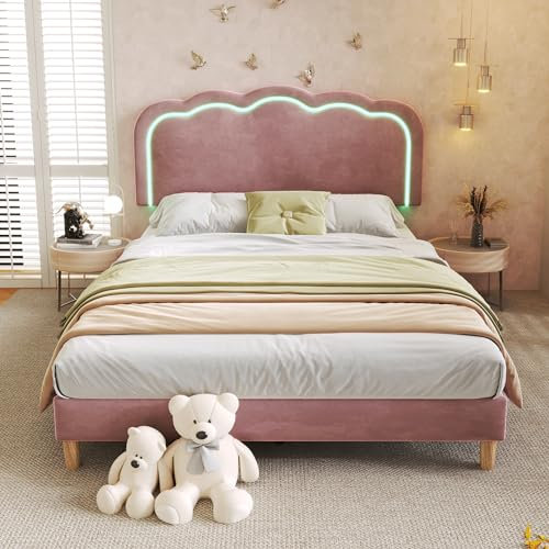 Zepneiy Lit 140x200 avec LED, Canapé lit avectête de lit réglable, Lit Rembourré avec à Lattes et Dossier, Lit Enfant Cadre de lit 140x200 Velours Rose (sans Matelas)